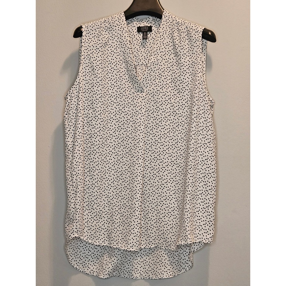 Jones New York Signature White Black Polka Dot V-Neck Sleeveless Blouse Large